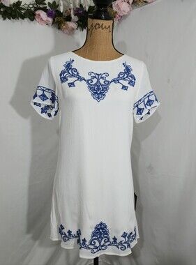 Lulu's White Mini Dress with Blue Embroidery